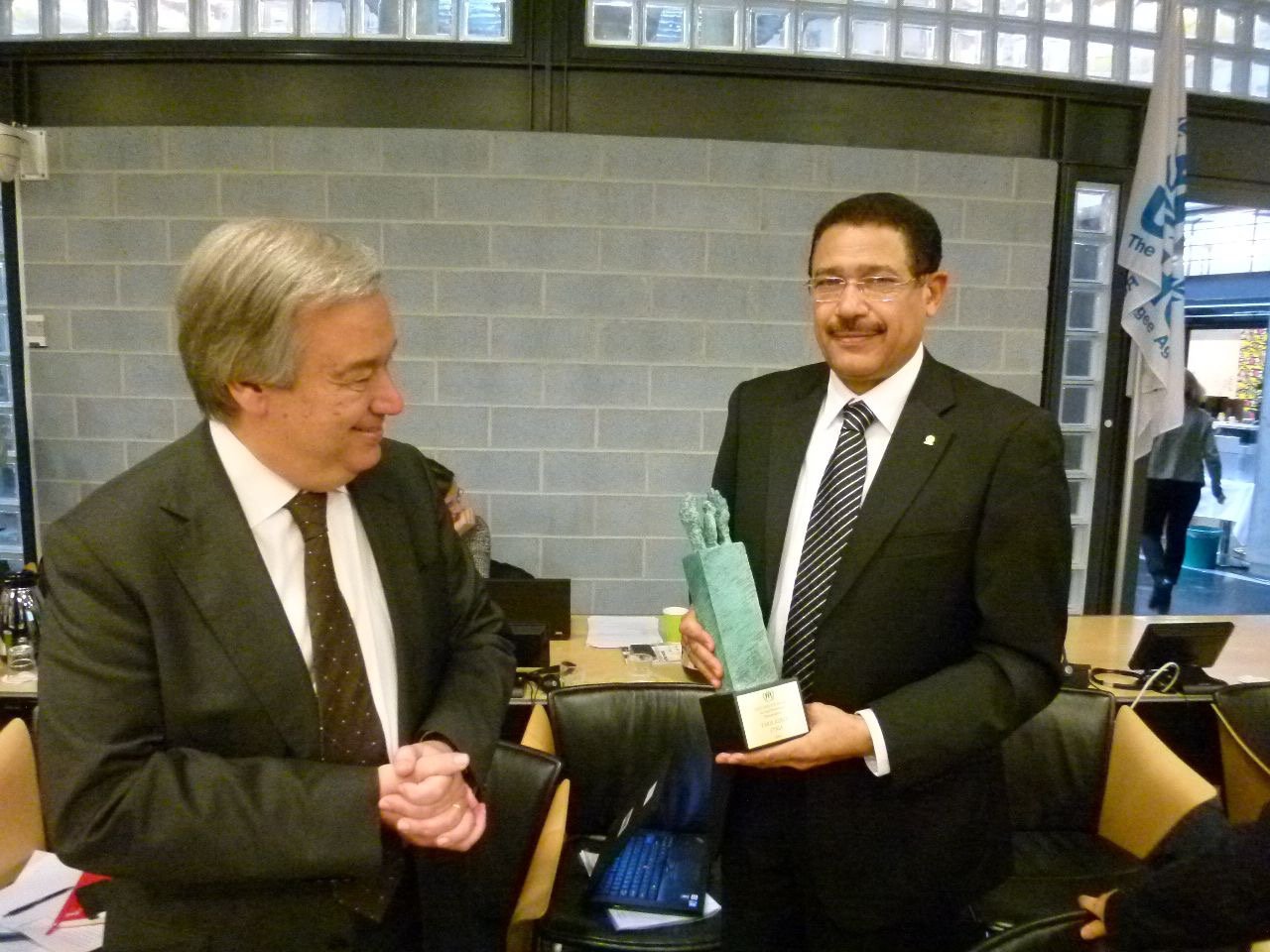 Presented with an award alongside the United Nations High Commissioner for Refugees.