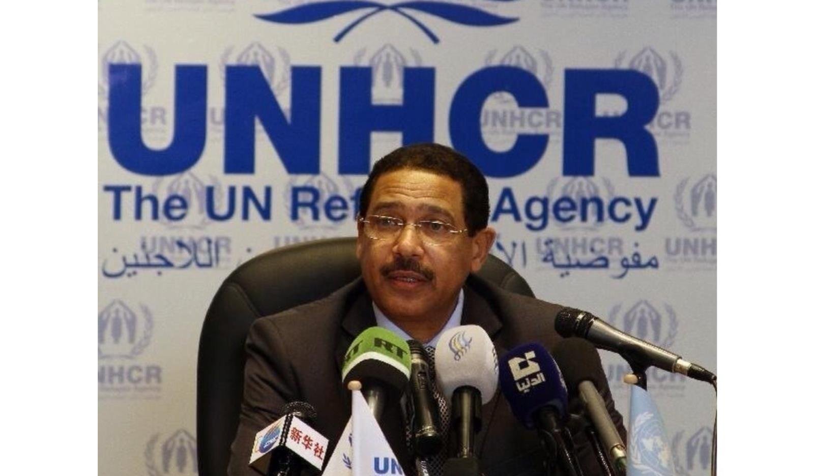 Addressing the international press at a UNHCR briefing.